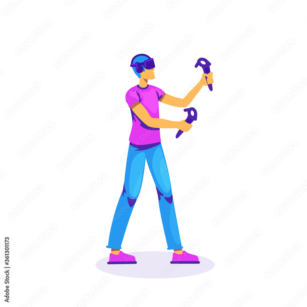 Poster man play with vr controllers flat color vector faceless character