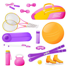 Female aerobics gear flat color vector objects set