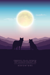 wildlife adventure wolf pack in the wilderness at full moon vector illustration EPS10