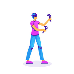 Man play with VR controllers flat color vector faceless character