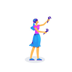 Woman with VR equipment flat color vector faceless character