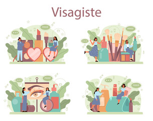 Naklejka premium Visagiste concept set. Beauty center service concept. Woman applying