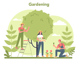 Gardening concept. Idea of horticultural designer business. Character