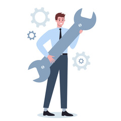 Business character holding wrench and gear. Idea of office worker
