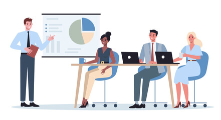 Business character making presentation in front of group of co-worker.