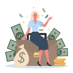 Business person with money. Happy successfull woman with a bag