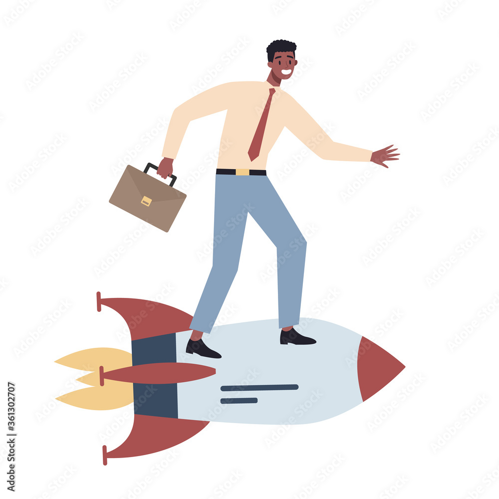 Wall mural business character riding a rocket. startup concept. business