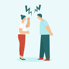 Adult man and woman quarrel. Concept of family conflicts, resentment, aggression, divorce. Husband and wife scream and swear. Flat vector illustration isolated.