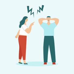 Fototapeta na wymiar Adult man and woman quarrel. Concept of family conflicts, resentment, aggression, divorce. Husband and wife scream and swear. Flat vector illustration isolated.