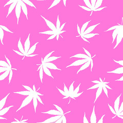 Fototapeta na wymiar Seamless pattern of white hemp on a pink background.White hemp leaves on a pink background. Marijuana pattern