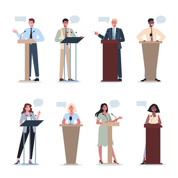 Business people standing behind a lectern. Office worker perform in