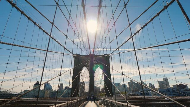 The majestic Brooklyn Bridge in New York. Go to brooklyn side. First person view