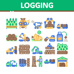 Obraz premium Wood Logging Industry Collection Icons Set Vector. Forest Material Logging Transportation And Storaging, Lumberjack Cutting Tree Concept Linear Pictograms. Color Illustrations