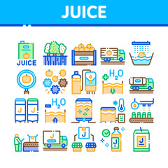 Juice Production Plant Collection Icons Set Vector. Juice Package And Bottle, Fruit In Box And Tree Garden, Factory Conveyor And Packaging Concept Linear Pictograms. Color Illustrations