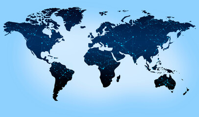 Illustration with world map and global polygonal network, blue background. Panorama