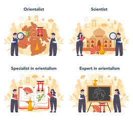 Orientalist concept set. Professonal scientist studying Near Eastern