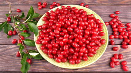 Many bright red fruits of a plant of Elaeagnus multiflora in a plate on a wooden table next to a branch with green leaves and ripe berries