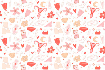 Women menstruation periods seamless pattern underpants, pads, tampons, menstrual cup