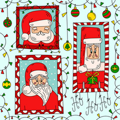 Santa Claus portrait. Xmas vector doodle line illustration. Cute hand drawn christmas cartoon characters and decoration frame. Winter holiday greeting and invitation card design.