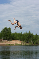 Man jumps into the lake and flies high in the sky