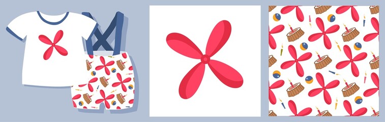 Carlson pattern. Children's toys. Set for textile design and packaging design. propeller vector illustration