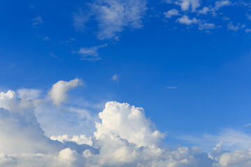 White clouds against the blue sky background in sunny cloudy summer day.