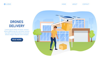 Contactless product delivery. The drone left a box in the yard, the man picks up the parcel. Safe and fast air delivery concept. Online Shopping. Flying Boxes. Perfect for landing or web. Flat Vector