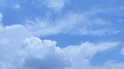 Horizontal shot of beautiful white puffy clouds in a clear blue sky
