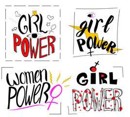 Feminism vector icon set. Hand lettering quotes.Girl power