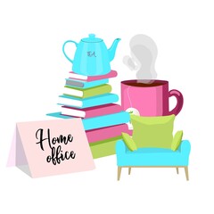 A set of elements about quarantine and self-isolation. STAY HOME. HOME OFFICE. REMOTE WORK. Freelance