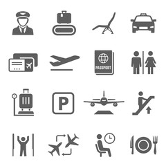 Airport icon set, travel by airplane and transportation