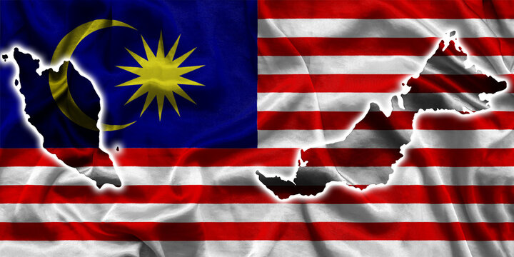 Waving textile flag of Malaysia fills country map. White isolated background, 3d illustration