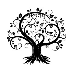 Fototapeta na wymiar Sanskrit tree, logo. Devanagari letters grow on branches. The symbol of the language for wise people. The root elements are drawn white on black. Isolated.