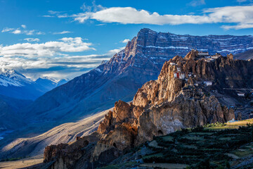 Fototapeta premium Dhankar monastry perched on a cliff in Himalayas. Dhankar, Spiti Valley, Himachal Pradesh, India