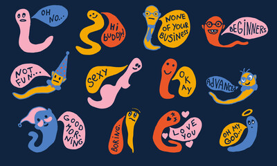 Funny worm with speech bubble. Hand drawn vector character illustration. Colorful doodle drawing