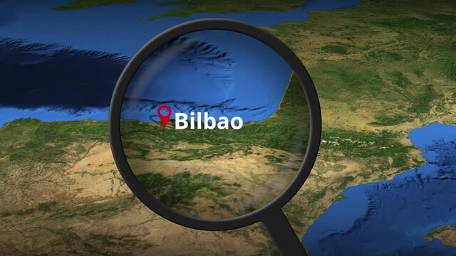 Loupe finds Bilbao city on the map, 3d rendering