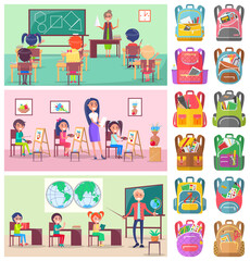 Teacher and pupils in classroom, classmates studying. Backpack sticker, girl and boy sitting at desktop with book, geometry and geography lesson vector. Back to school concept. Flat cartoon