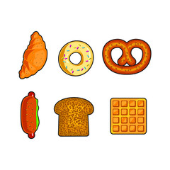 Top view food illustration set isolated on white background, vector icons. Menu elements, croissant, donut, pretzel, hot dog, toast, waffles