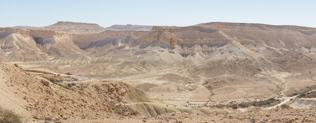 Mitzpe Ramon dry canyon landscape in the Negev desert of Israel.