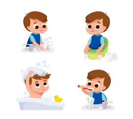Boy doing daily hygiene routines. Boy washing his head with shampoo. Boy washing his hands with soap. Boy brushing teeth his with toothbrush.Boy sitting on potty in toilet.