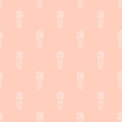 Seamless background with cute contour white pattern of indoor plants in pots. Flowers tulips on a pink background. Vector collection of doodle plants. Home, garden, interior concept. Vector