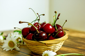 Ripe cherry berries in a wicker basket next to field daisies on a wooden background