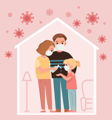 Coronavirus 2019-nCoV. Family members protect themselves from corona, disinfect with hand sanitizer, wear a medical mask. Family staying at home during Coronavirus pandemic.