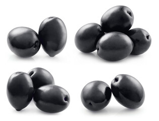 Set of delicious black olives, isolated on white background