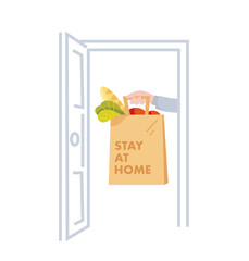 Paper bag with food. Open door with delivery package. Food delivery company. Stay at home concept.
