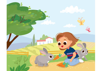 Girl feeding rabbits. Kid feed the animals at the farm. Summer background with farm building.