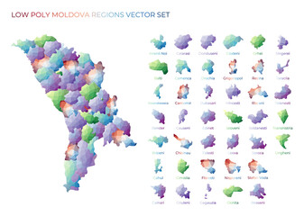 Moldovan low poly regions. Polygonal map of Moldova with regions. Geometric maps for your design. Radiant vector illustration.
