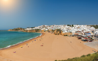 Aerial panorama of Albufeira, Algarve, Portugal. Beautiful view of the sea landscape with the beach, ocean. Sunny day.