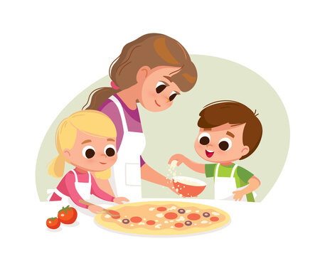Mother with kids making pizza. Boy and girl cooking. Two kids making pizza. Boy and girl cooking. Boy salting pizza.