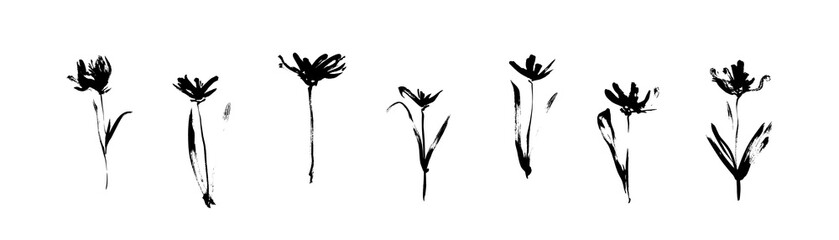 Grunge black flowers set drawn by ink. Dirty decorative vector floral collection, isolated on white background. Modern expressive brush strokes graphic art